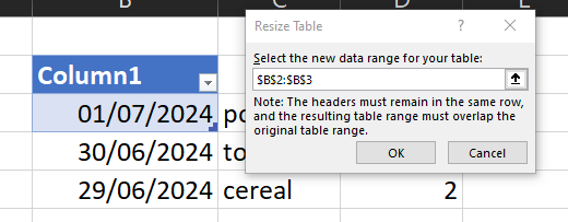 Resize Table tool in the ribbon menu