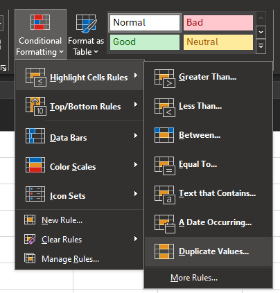 Highlight duplicate values