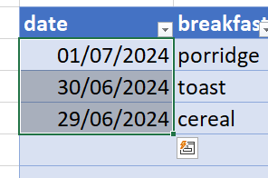 drag the green fill handle down into the empty cells