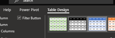 Design or Table Design menu