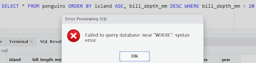 Re-ordering keywords causes SQL queries to fail